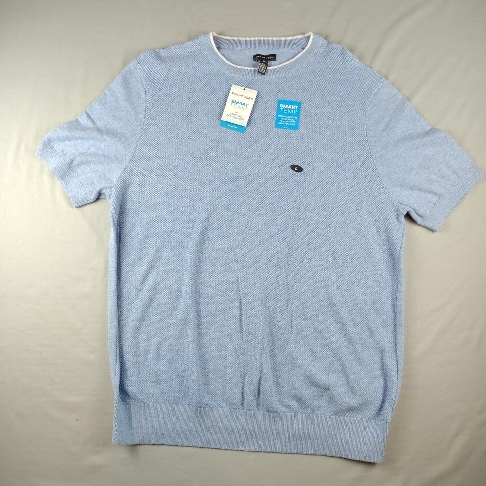 Van Heusen Mens Large Smart Temp Short Sleeve Sweater Slim Fit Blue Cooling Knit